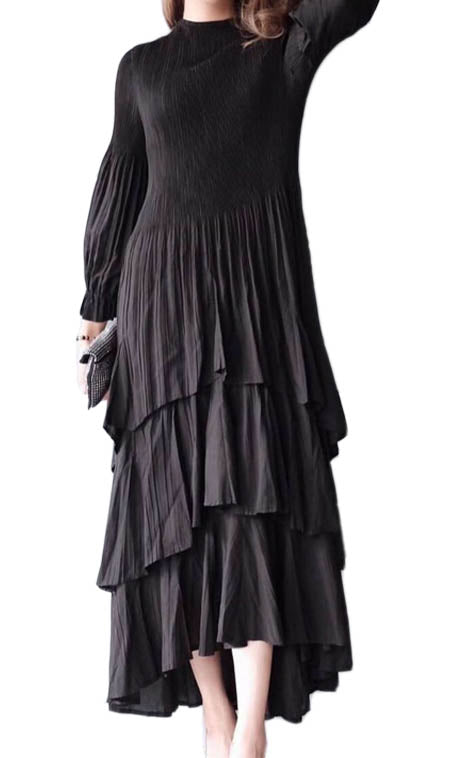 Long Sleeve Multi Layer Dress - DR1098  Black